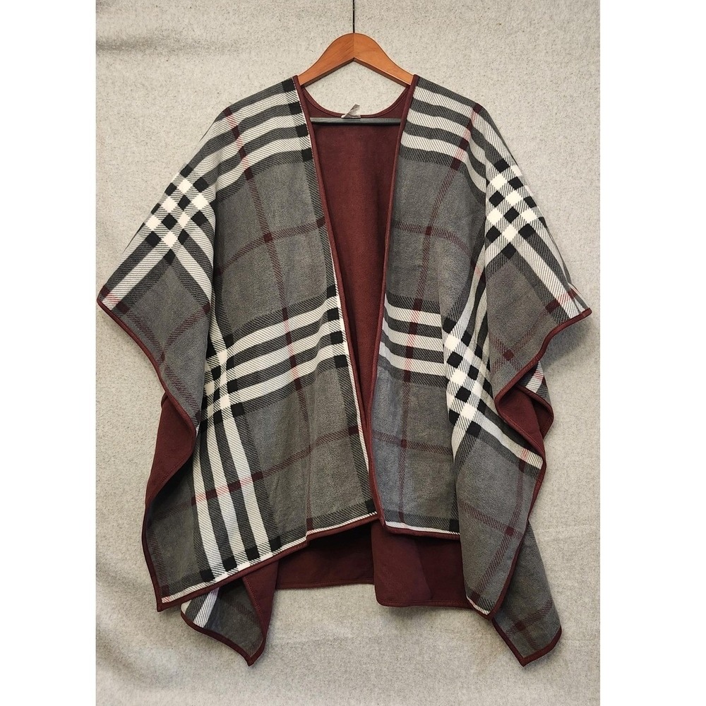 Woolrich Poncho Womens One Size Gray Plaid Reversible Fleece Wrap‎ Kimono Cape